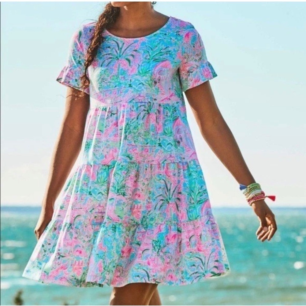 LILLY‎ PULITZER Jodee Tiered Short Sleeve Swing Dress Tropical Pink Blue S